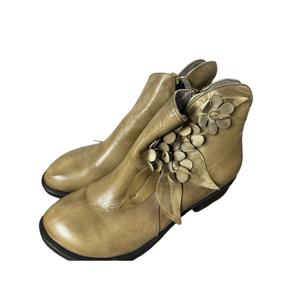 Socofy Handmade Soft Leather Floral Ankle‎ Boots Side Zip Tan Brown sz 39 US 8.5